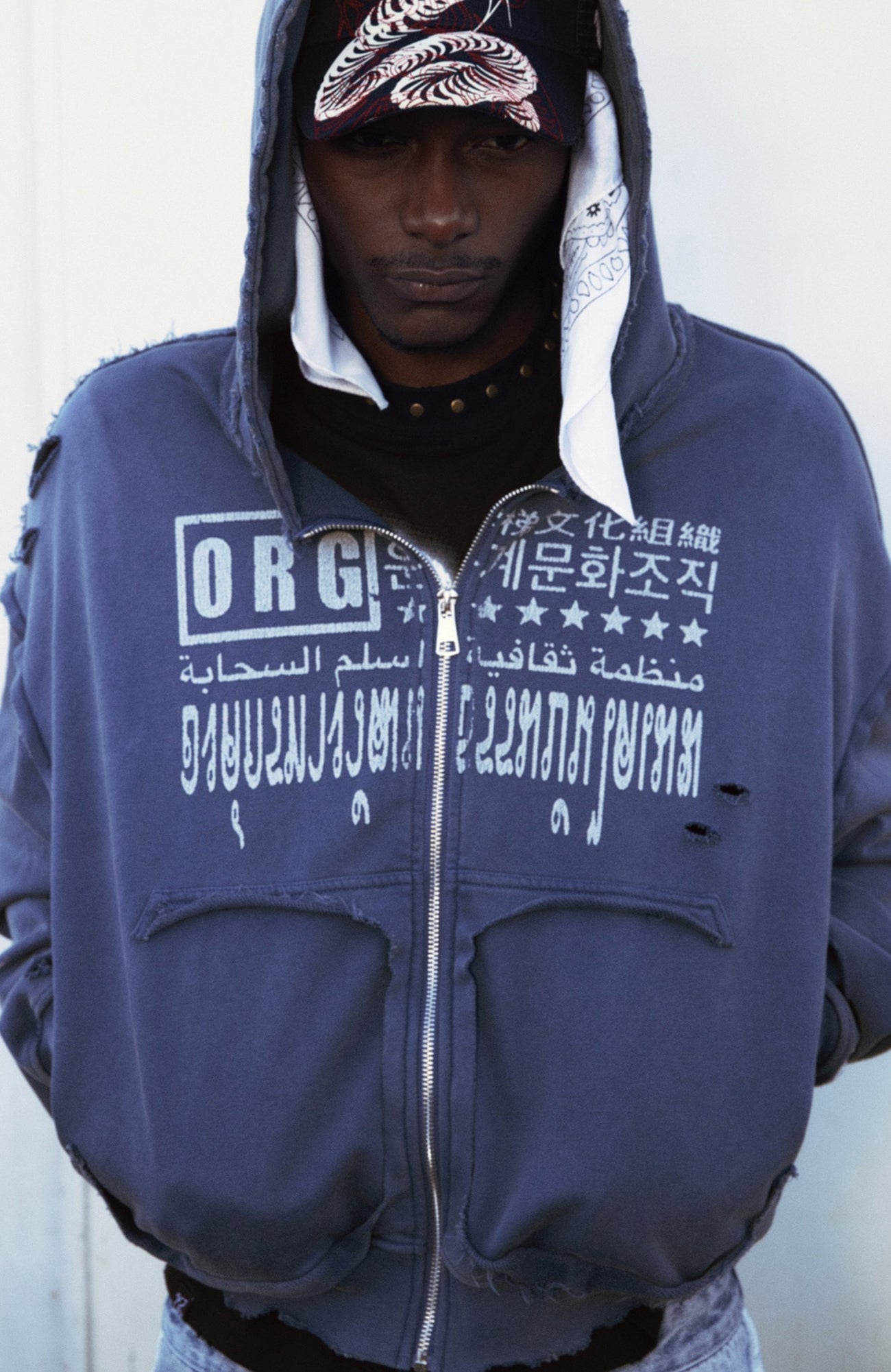 VINKID Distressed Graphic Zip-Up Hoodie-Jacket-S-Free Shipping Leatheretro