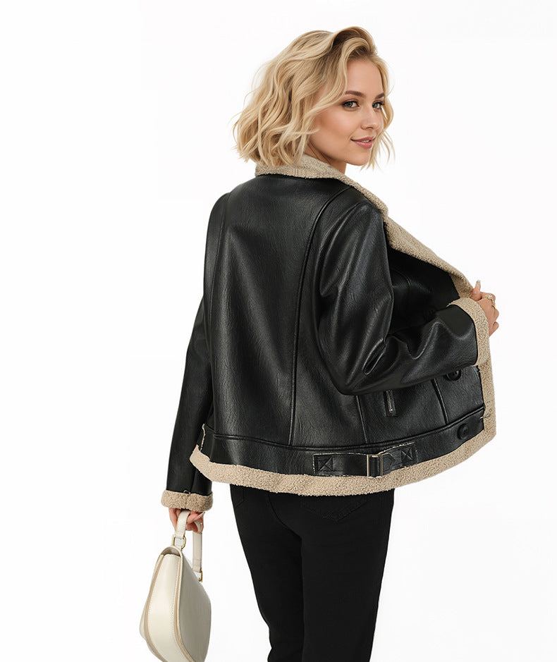Women's Faux Fur-Lined PU Leather Jacket-As Photo-S-Free Shipping Leatheretro