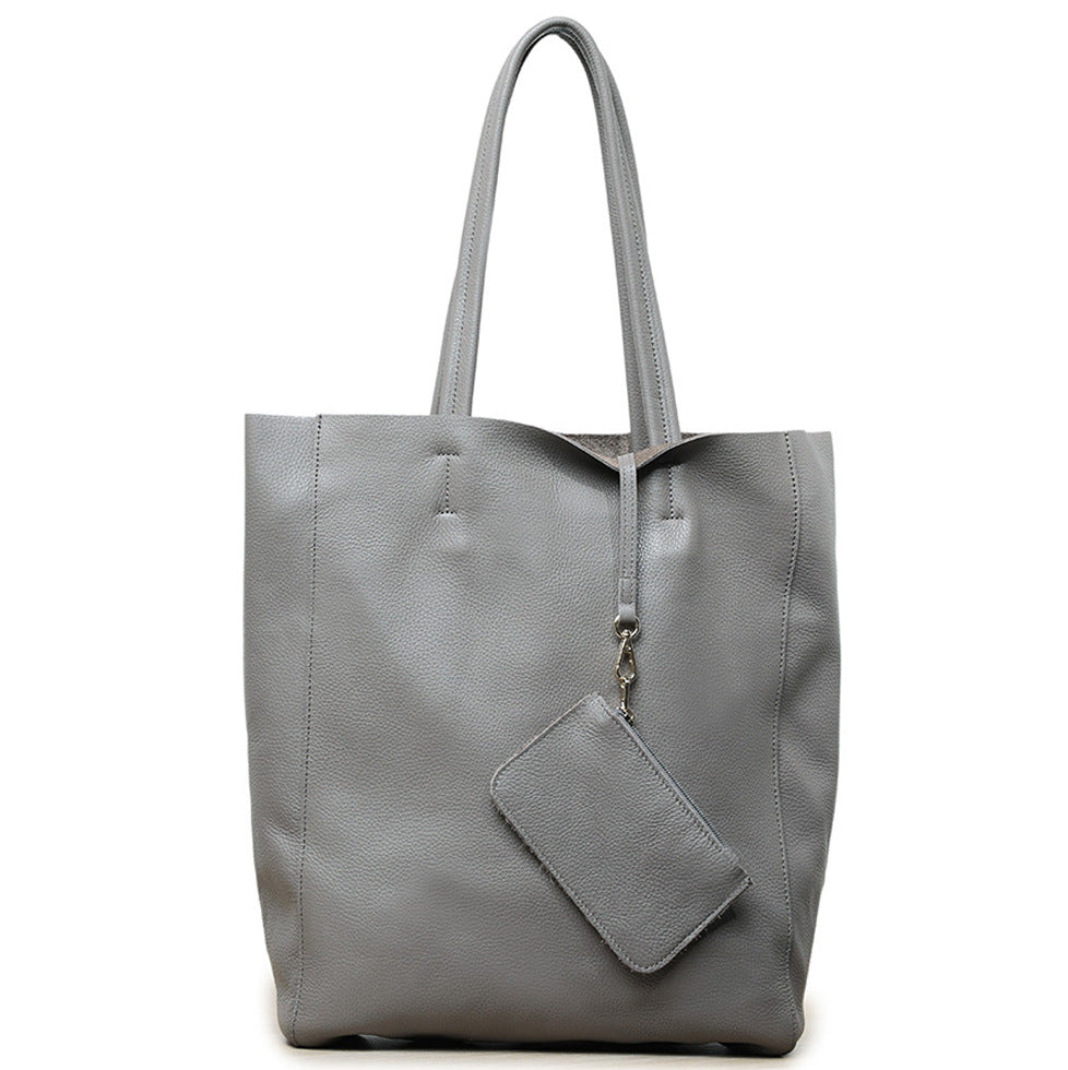 Large Capacity Tote Bag – Genuine Leather Commuter, Mom Shopping Bag-Handbags-Gray vertical style (100% natural drop pattern cowhide on the first layer)-Free Shipping Leatheretro