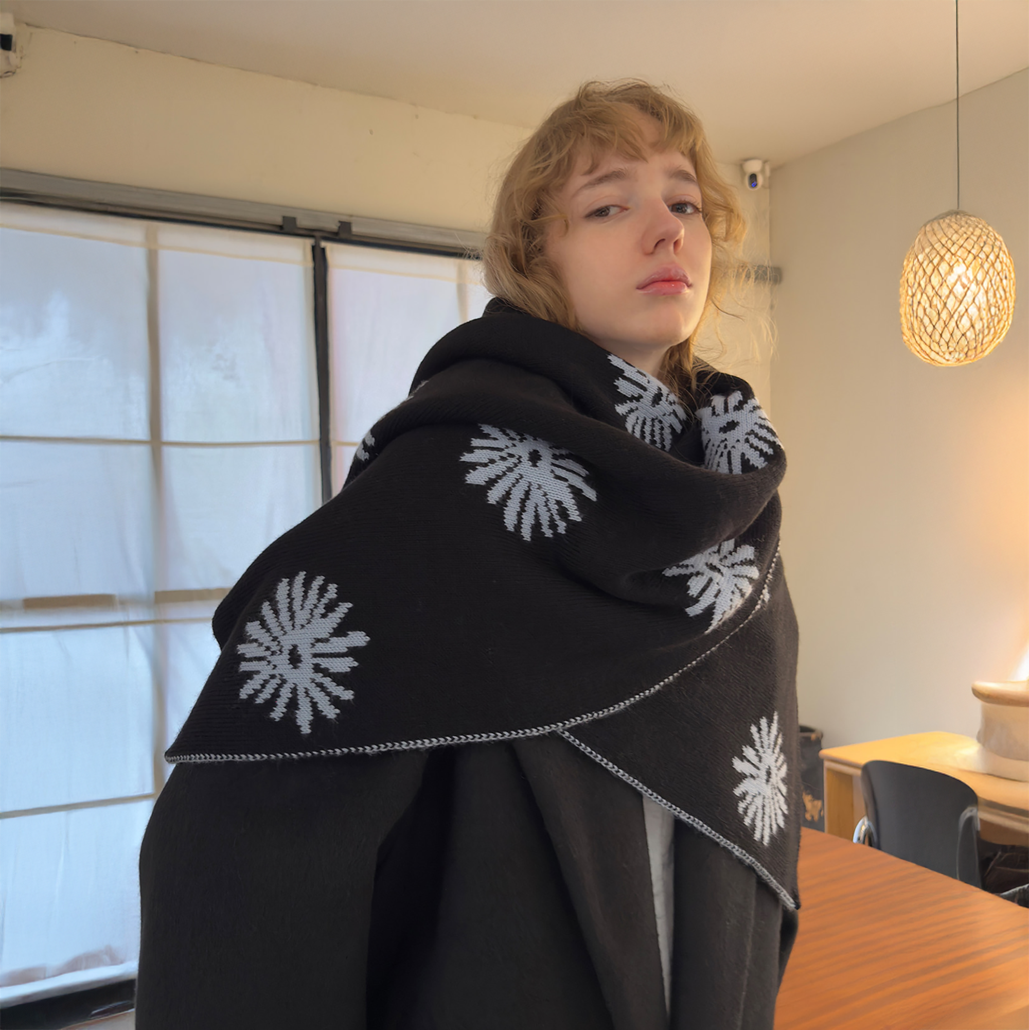 MIICHOUS Snowflake Jacquard Reversible Wool-Blend Scarf-Black-Free Shipping Leatheretro