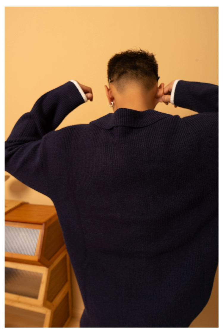 CLP Unisex Ash Black Navy Collar Knit Sweater-Gray-S-Free Shipping Leatheretro