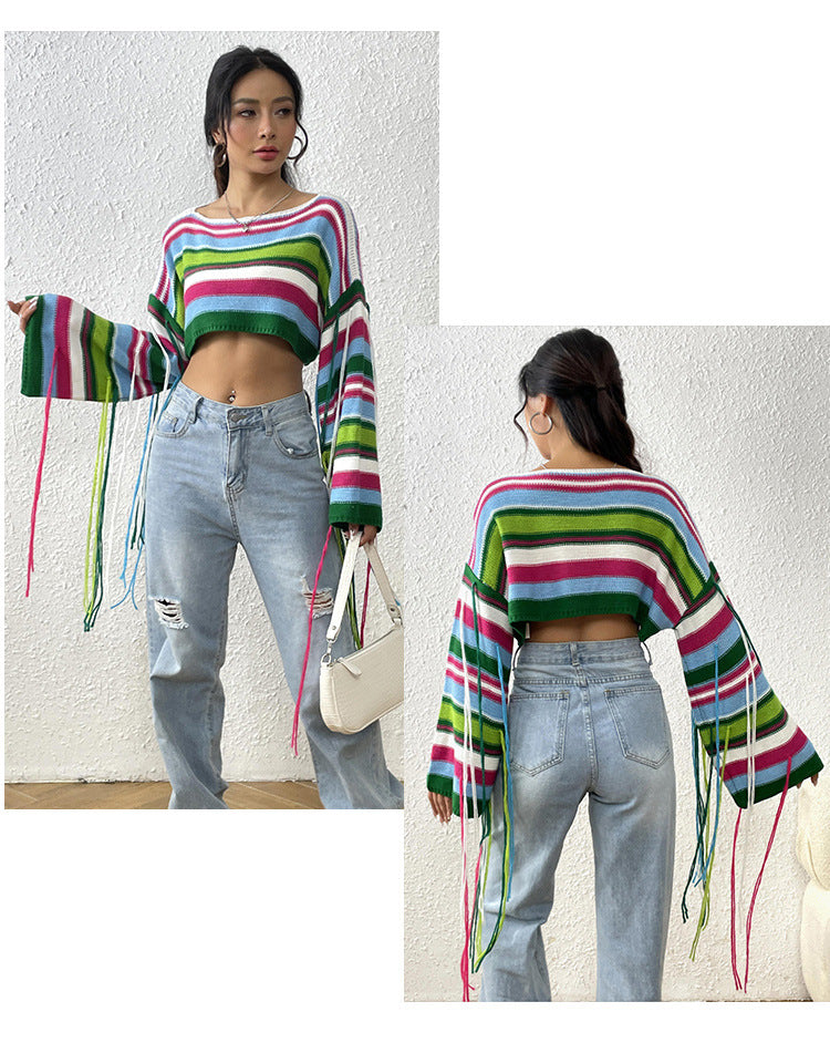 Sexy Rainbow Striped Tassels Short Knitted Blouses-Shirts & Tops-A-S-Free Shipping Leatheretro