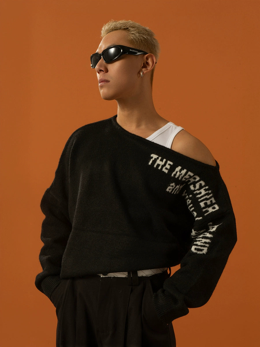 CLP Oversized Off-Shoulder Boat Neck Sweater-Black-S-Free Shipping Leatheretro