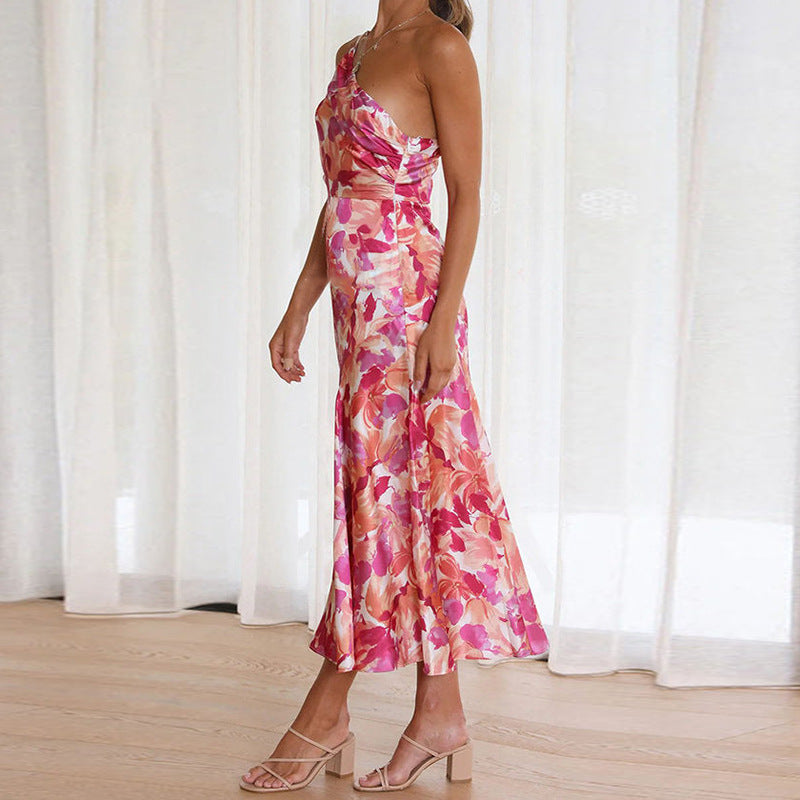 Sexy One Shoulder Pink Flowers Long Dresses-dresses-Pink Flower-S-Free Shipping Leatheretro