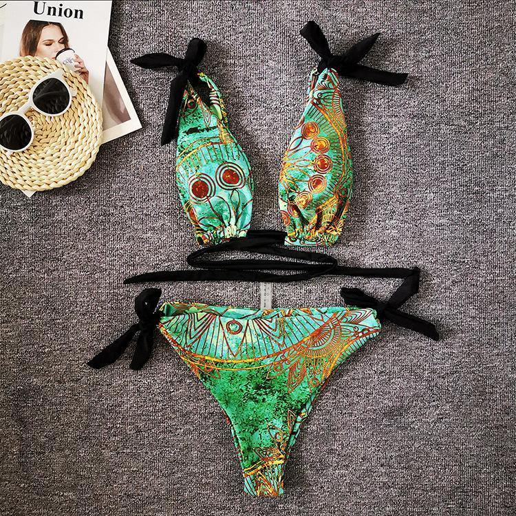 Vintage Floral Print Sexy Bikini Swimwear-Women Swimwear-Green-S-Free Shipping Leatheretro