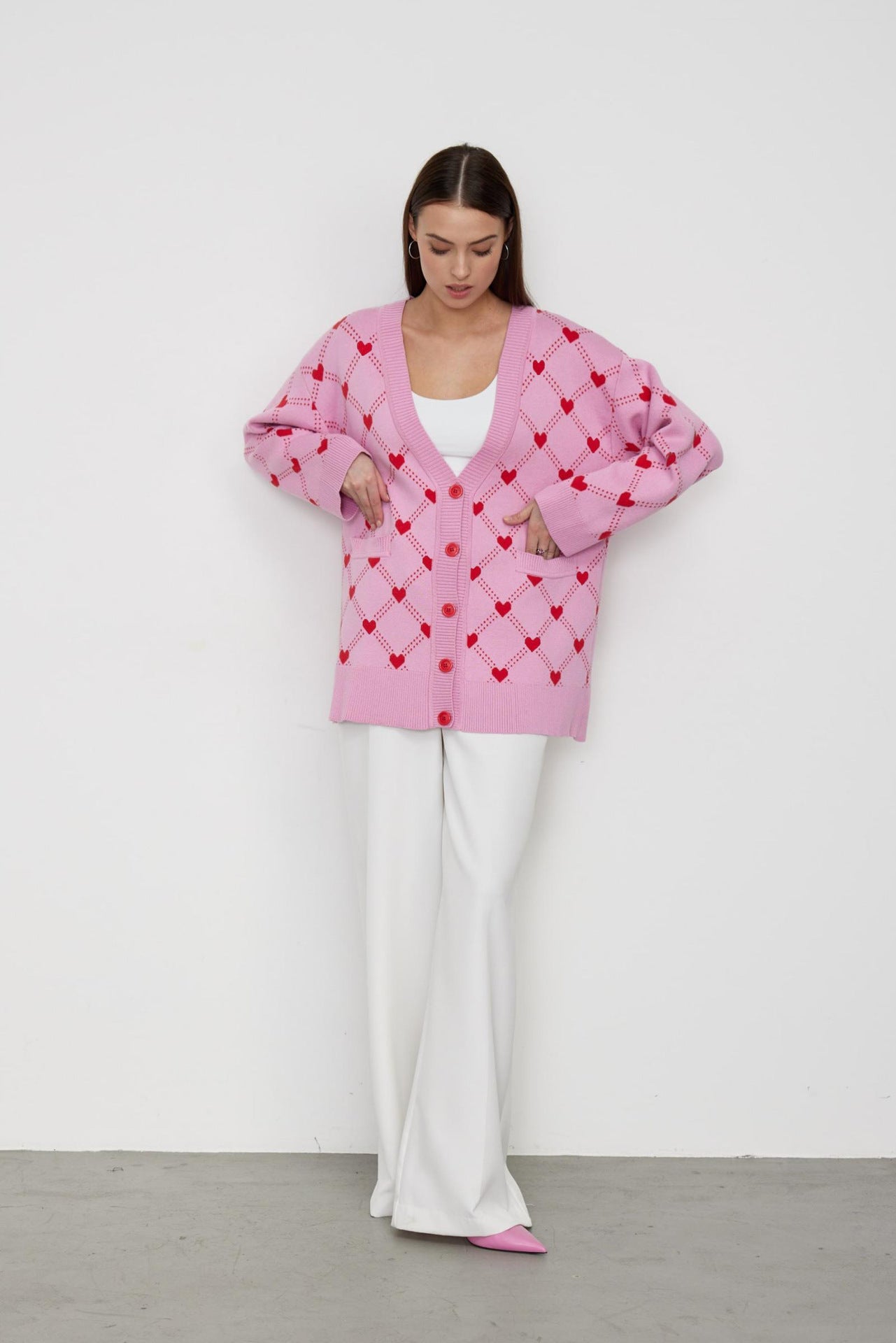 Lovely Pink Sweet Heart Fall Knitted Cardigan-Sweater&Hoodies-Rose Red-S-Free Shipping Leatheretro