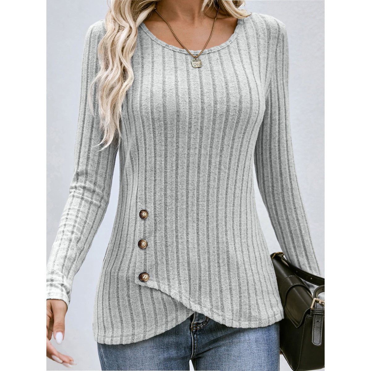 Fashion Round Neck Autumn Long Sleeves Shirts-Shirts & Tops-Gray-S-Free Shipping Leatheretro