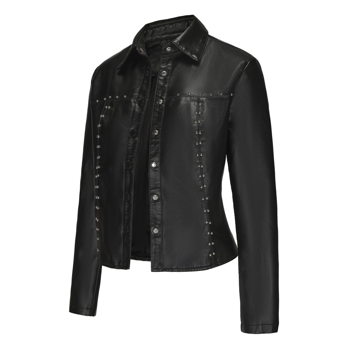 Stylish Rivet Button Leather Jacket-black-S-Free Shipping Leatheretro