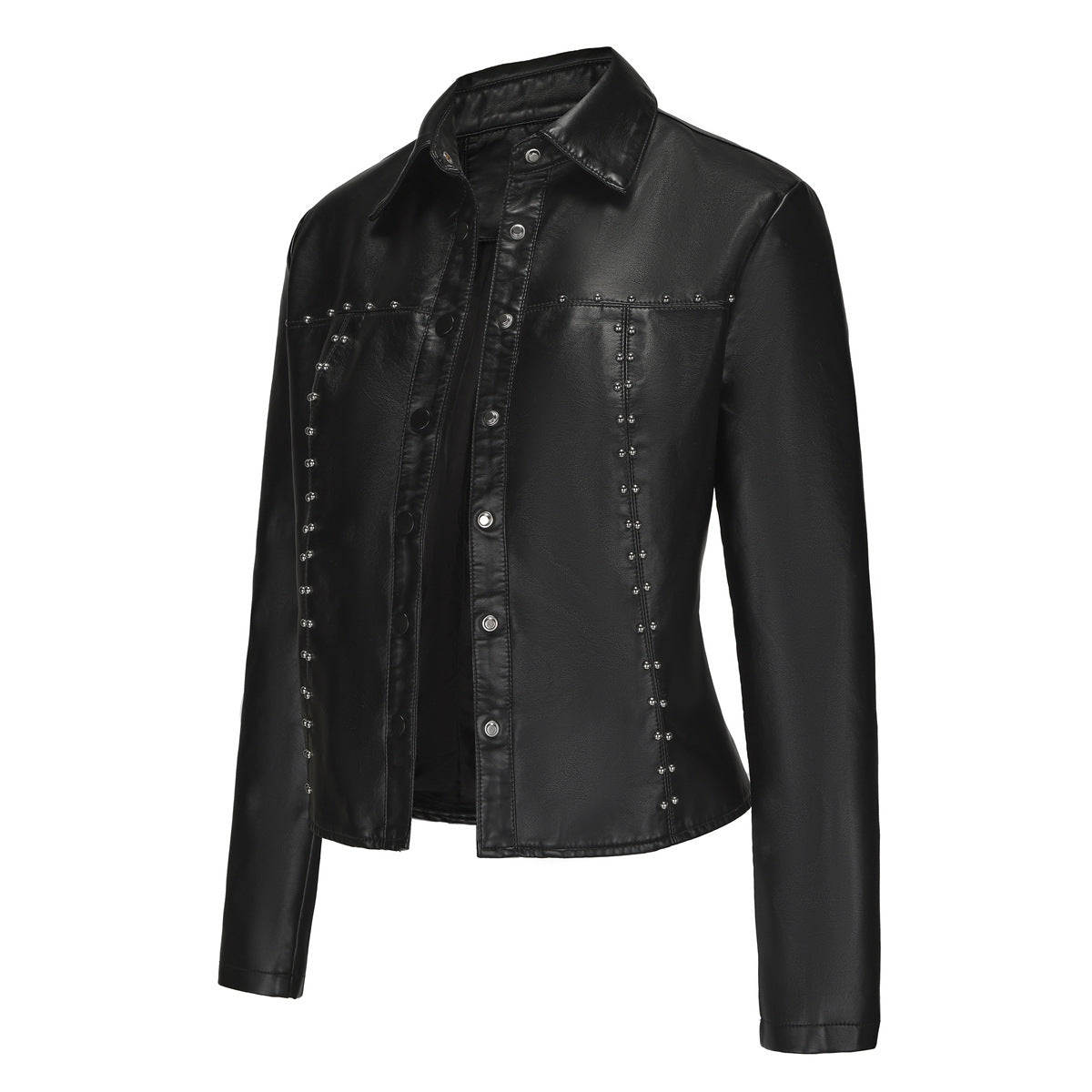 Stylish Rivet Button Leather Jacket-black-S-Free Shipping Leatheretro
