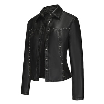 Stylish Rivet Button Leather Jacket-black-S-Free Shipping Leatheretro