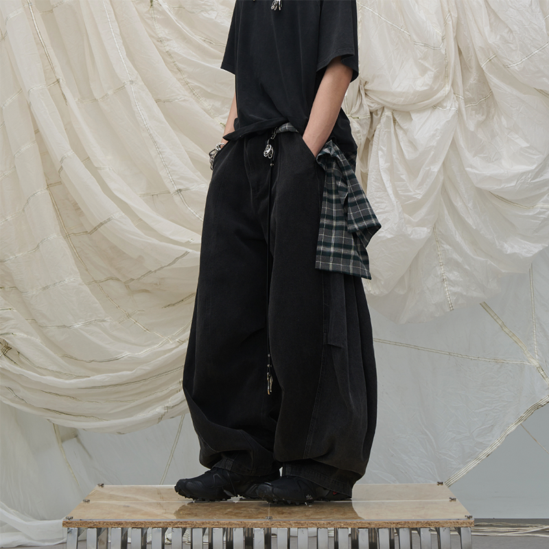 RELABEL Detachable Checkered Flap Distressed Wide-Leg Jeans-Black-XS-Free Shipping Leatheretro