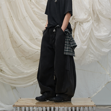 RELABEL Detachable Checkered Flap Distressed Wide-Leg Jeans-Black-XS-Free Shipping Leatheretro