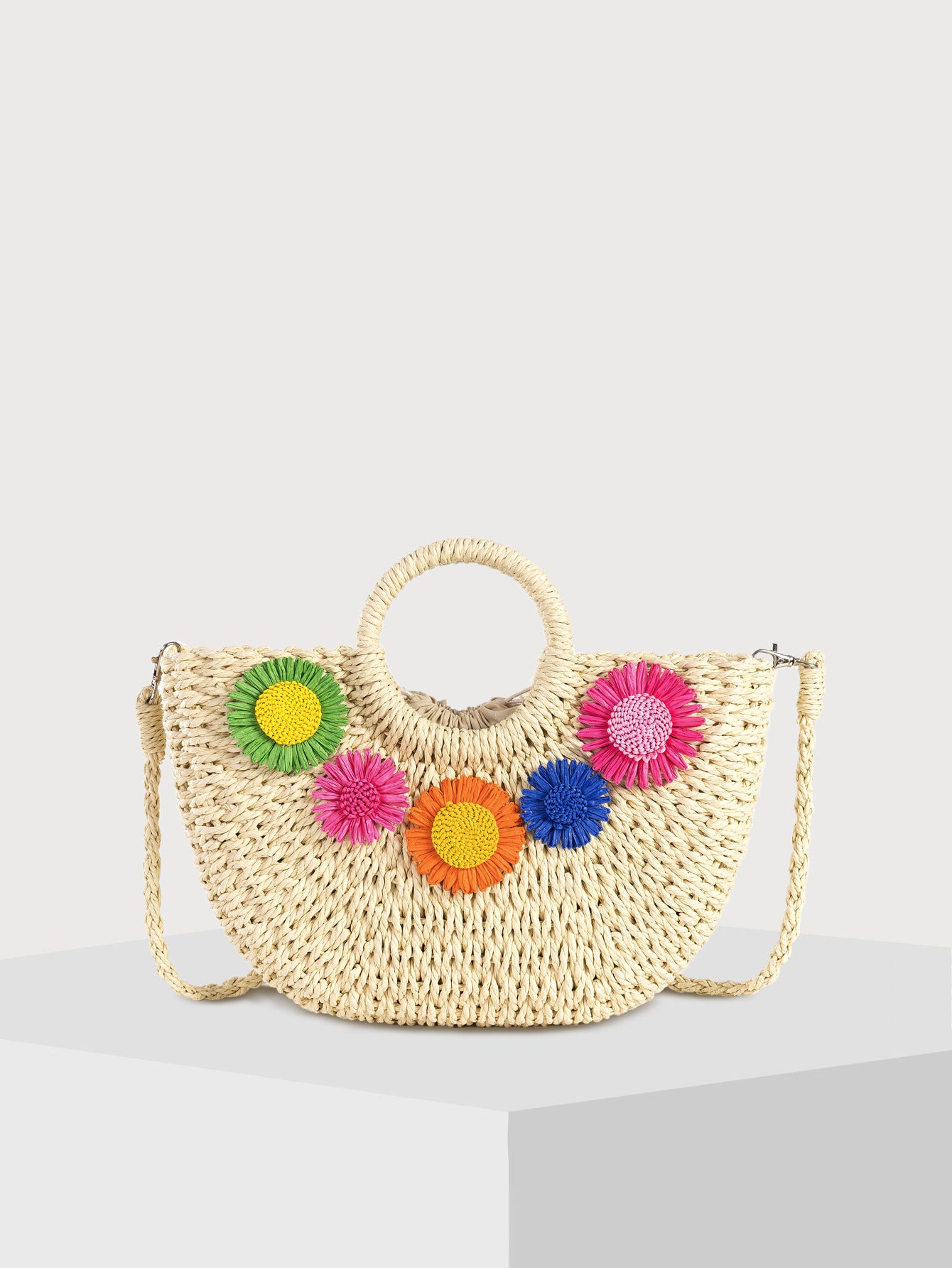 Boho Straw Woven Handbag – Women’s Natural Rattan Tote Bag-Apricot flowers-Free Shipping Leatheretro