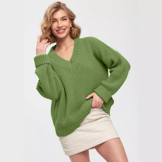 Casual V Neck Loose Knitted Sweaters-Sweaters-Green-S-Free Shipping Leatheretro