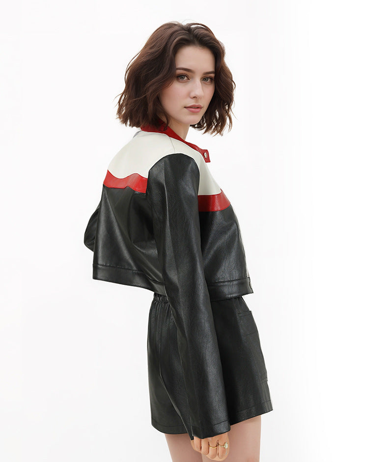 Women's Cropped Biker Jacket – Color-Block Leather Pilot Jacket-As Photo-S-Free Shipping Leatheretro