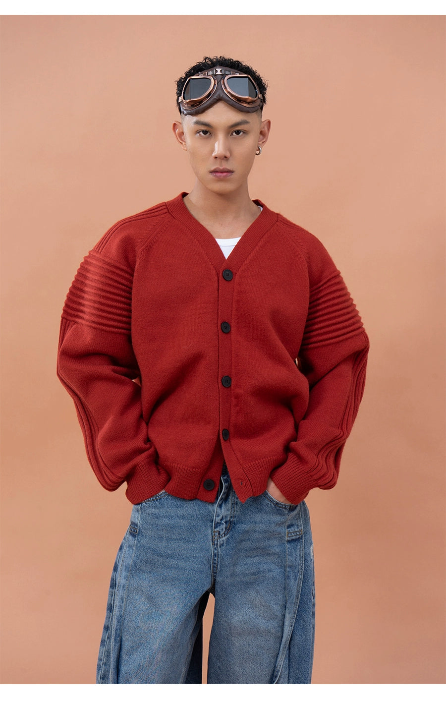 CLP Men's Oversized Drop Shoulder Cardigan Sweater-Red-M-Free Shipping Leatheretro
