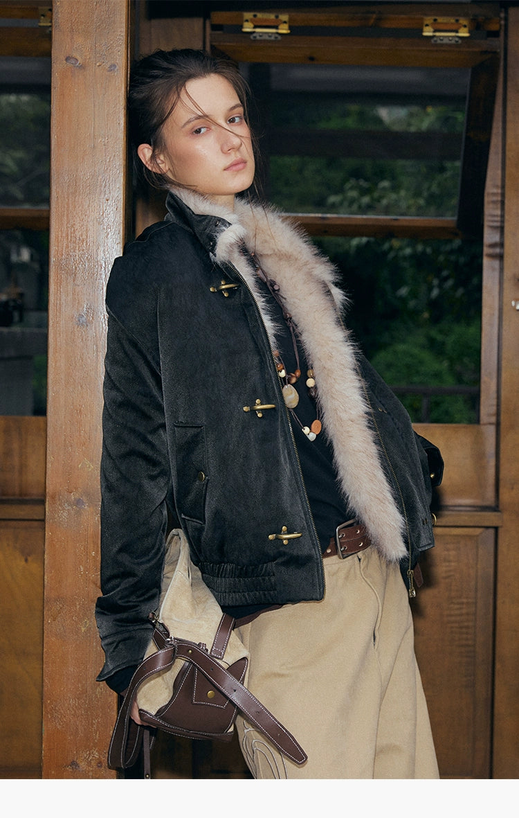 KREATE Harrington-Style PU Leather Jacket with Long Fur Collar-Ivory-S-Free Shipping Leatheretro