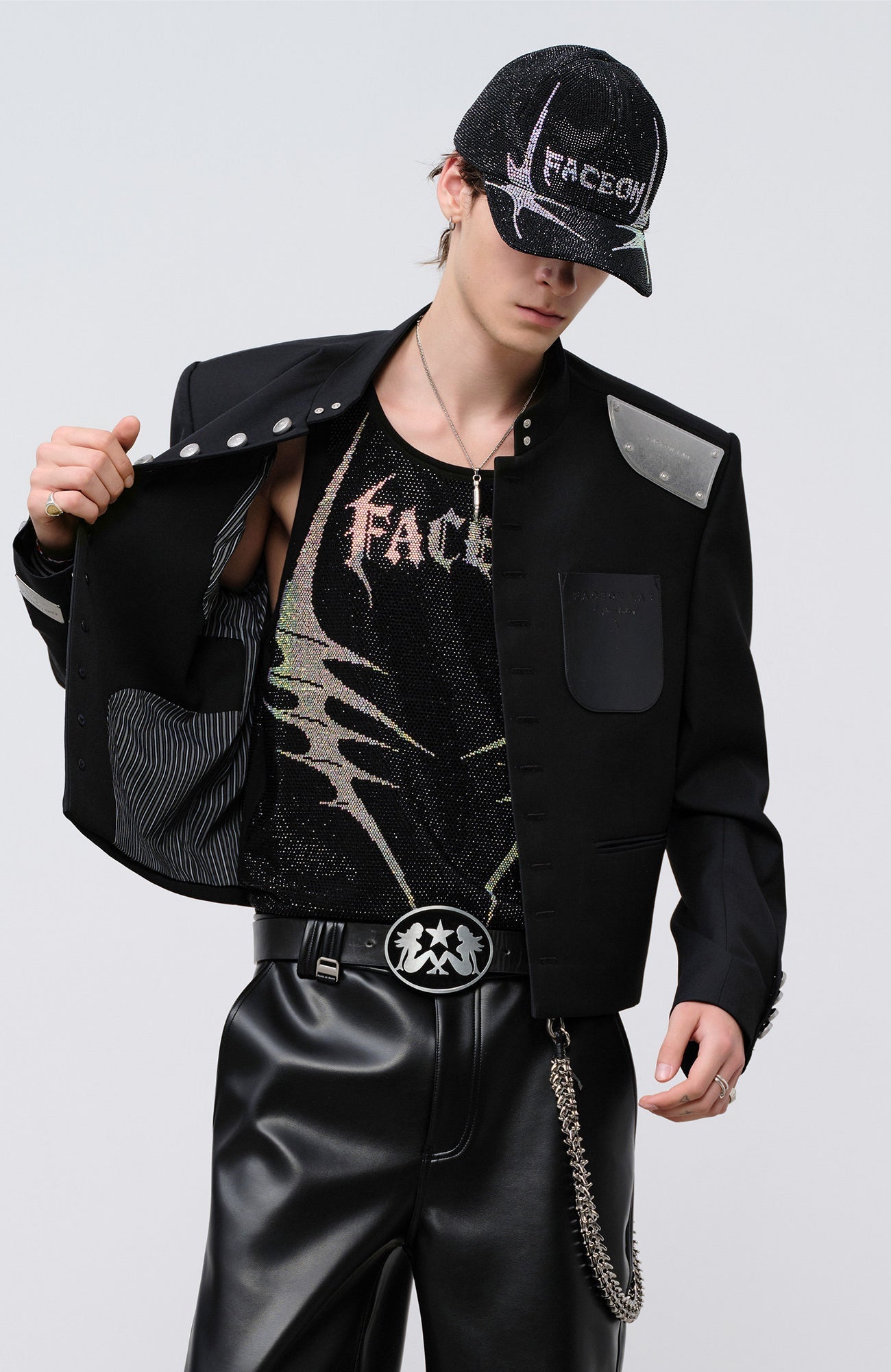 FACEONLAB Stand-Collar Metal-Shoulder Blazer Black-Jacket-M (Preorder)-Free Shipping Leatheretro