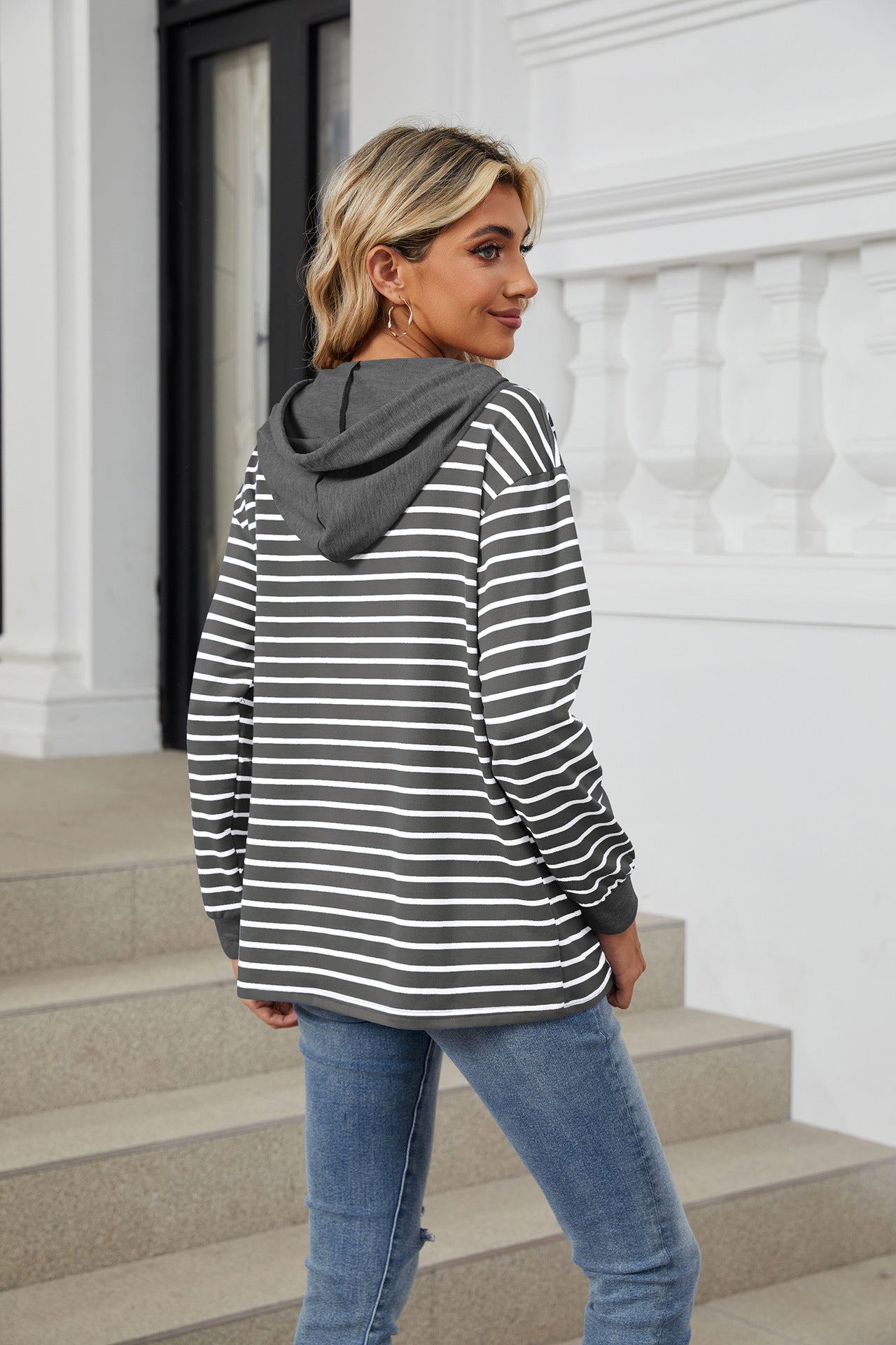 Casual Striped Long Sleeves Hoodies-Sweater&Hoodies-Navy Blue-S-Free Shipping Leatheretro