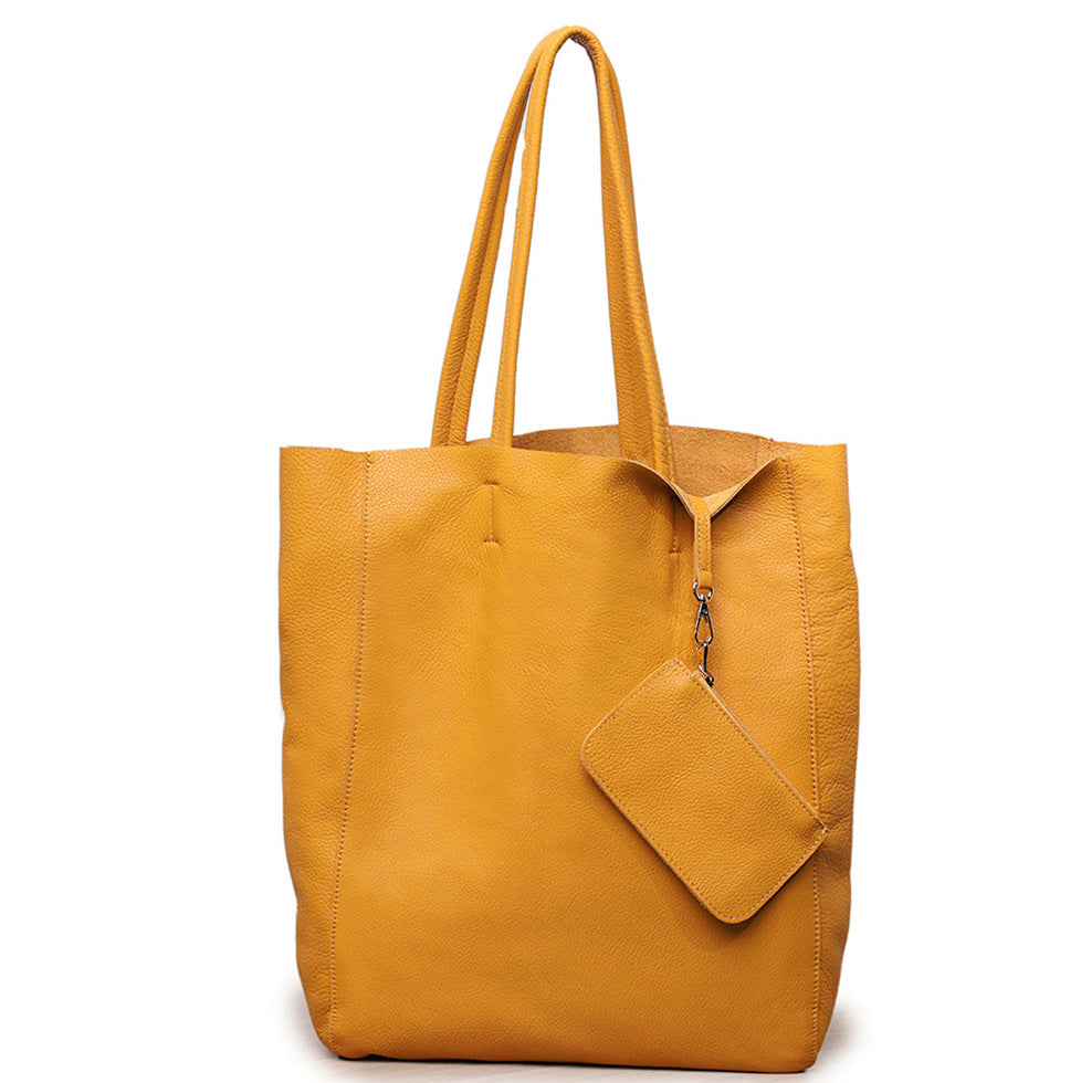Large Capacity Tote Bag – Genuine Leather Commuter, Mom Shopping Bag-Handbags-Yellow vertical style (100% natural drop pattern cowhide on the first layer)-Free Shipping Leatheretro