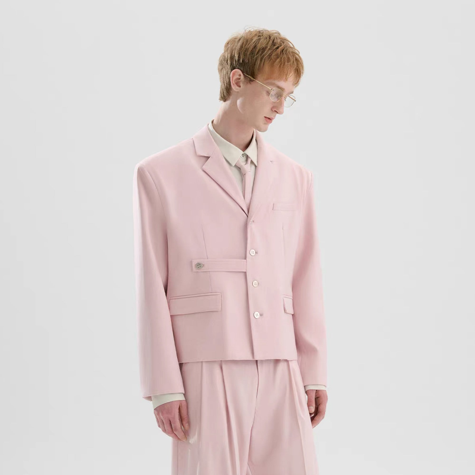 TIWILLTANG Cropped Pinstripe Strap Blazer White/Pink-Jacket-S-Pink-Free Shipping Leatheretro