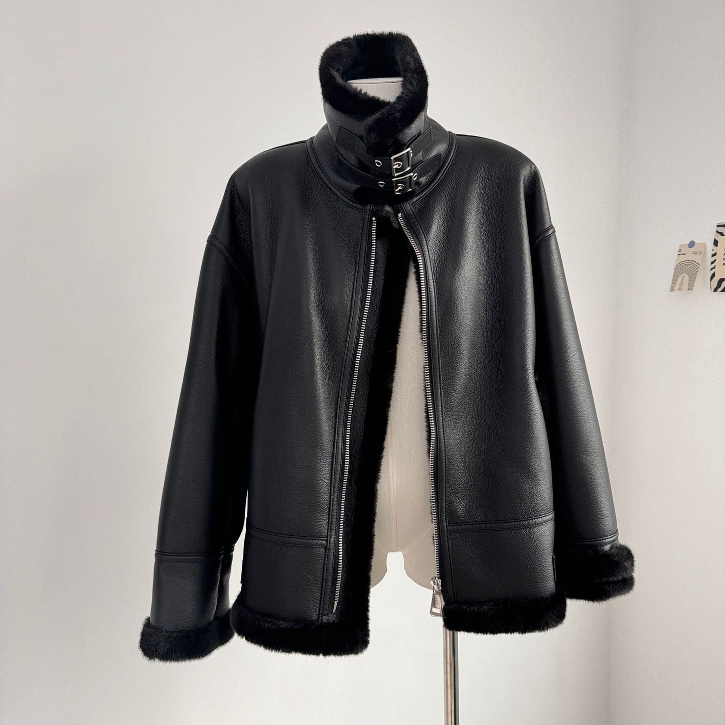 Vintage Stand Collar Leather with Fur Warm Jacket Coats-Coats & Jackets-Black-M-Free Shipping Leatheretro