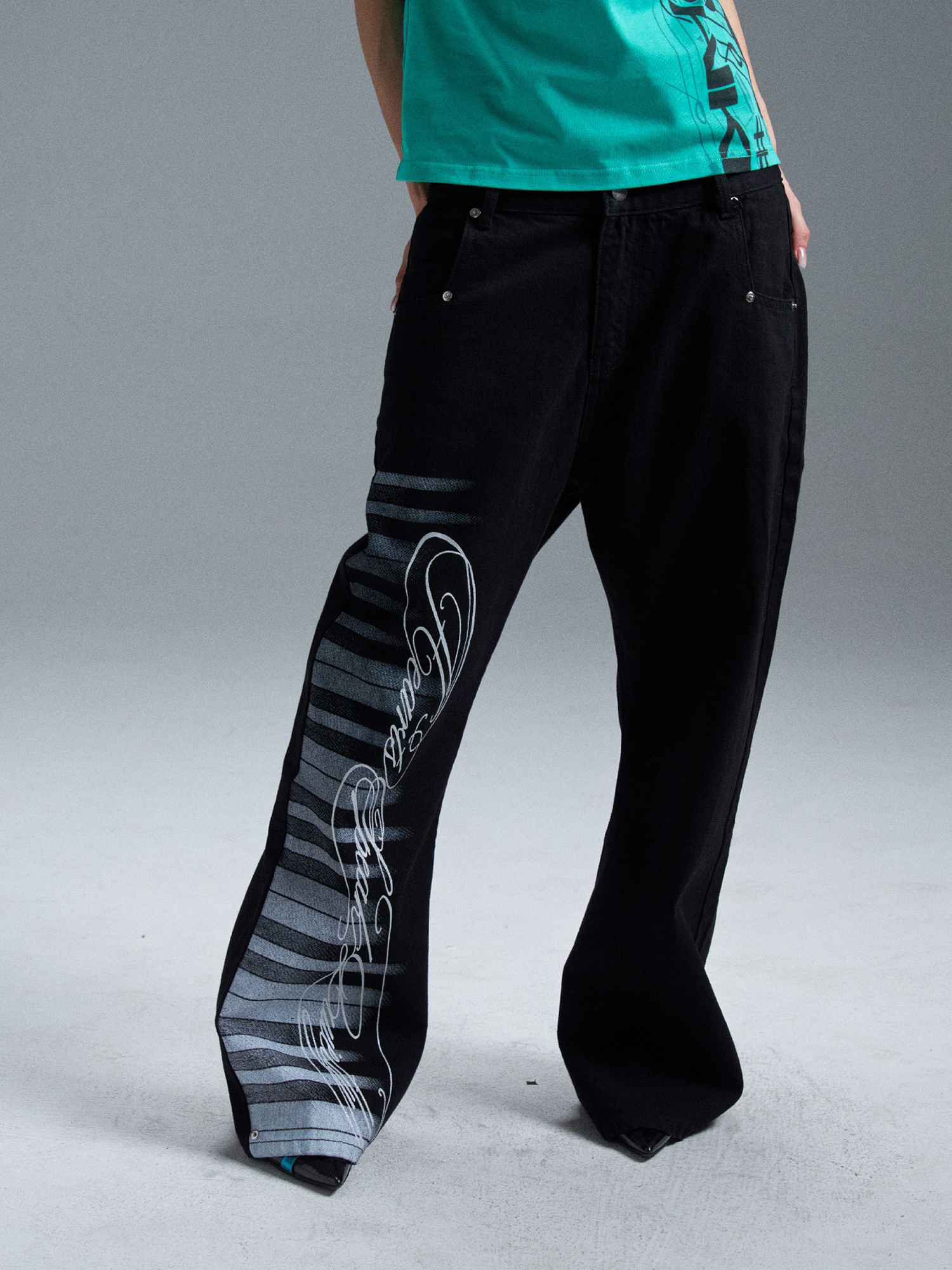PAIKI Piano Key Script Foil Flared Jeans-Jeans-S / 31"-Black (Preorder)-Free Shipping Leatheretro