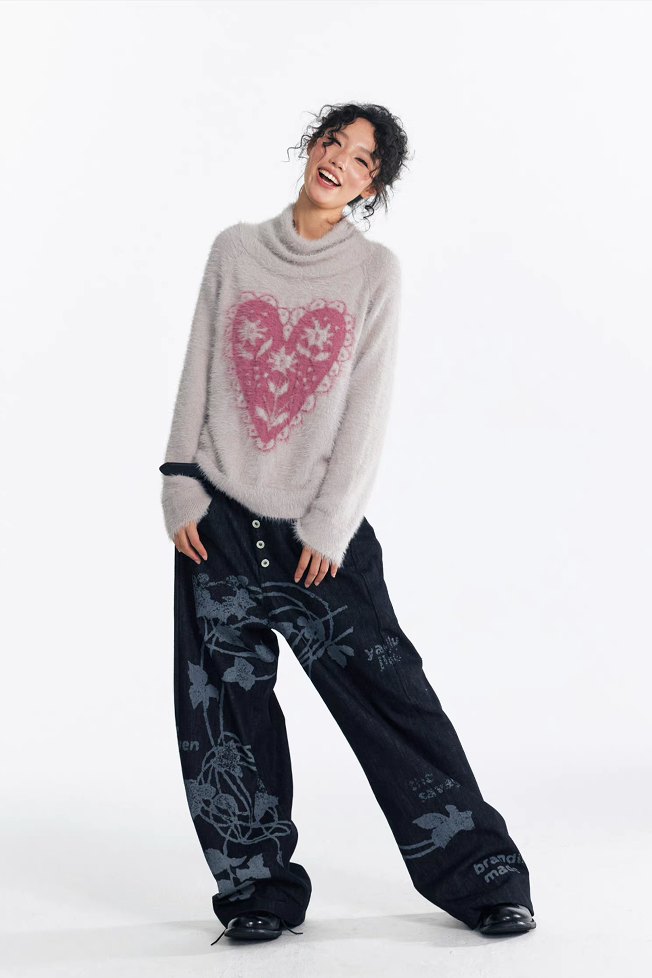 1997 POSTOFFICE Lilac Vine Full-Print Curved Jeans-Jeans-S-Dark Blue-Free Shipping Leatheretro