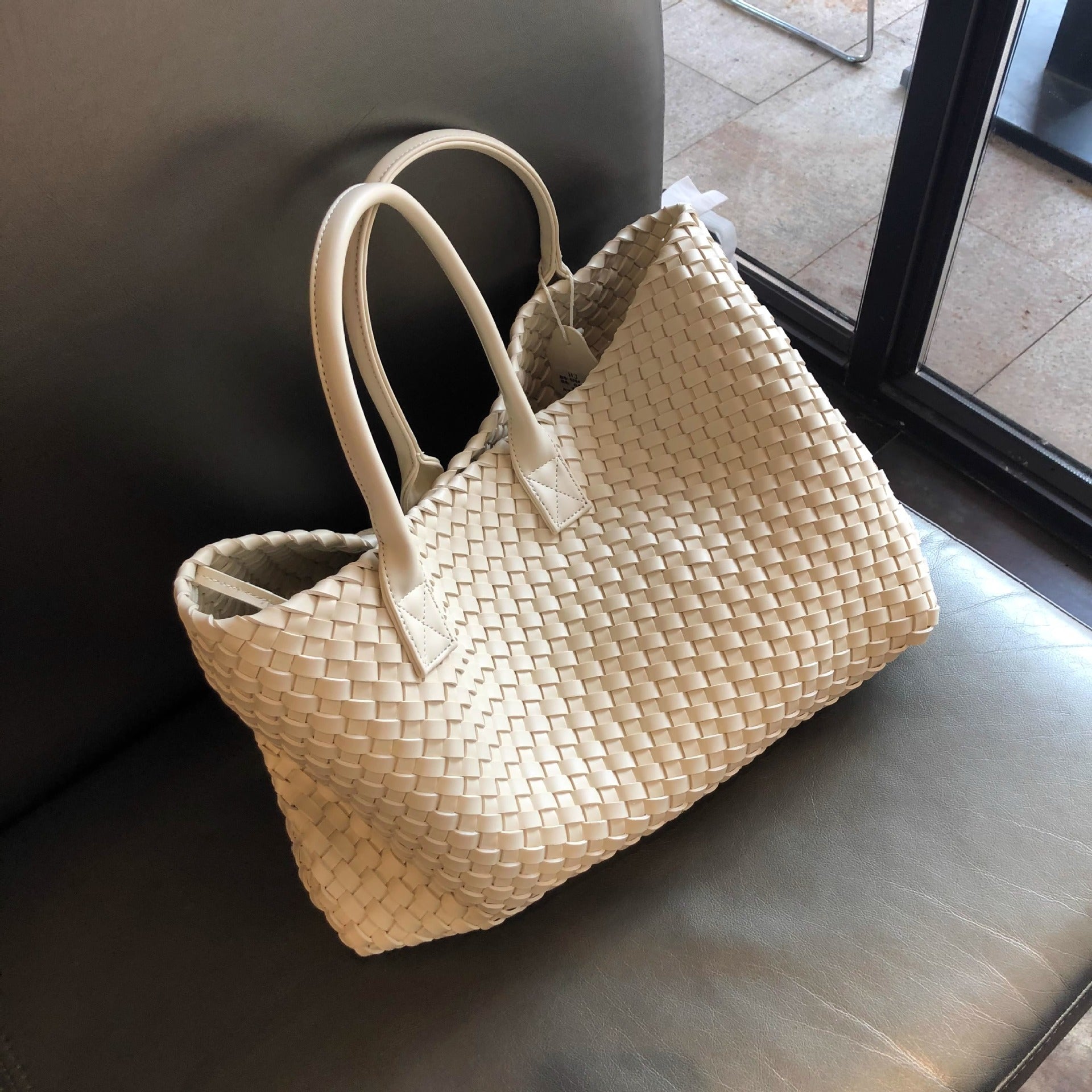 Handwoven Faux Leather Large Tote Bag for Women-White-Free Shipping Leatheretro