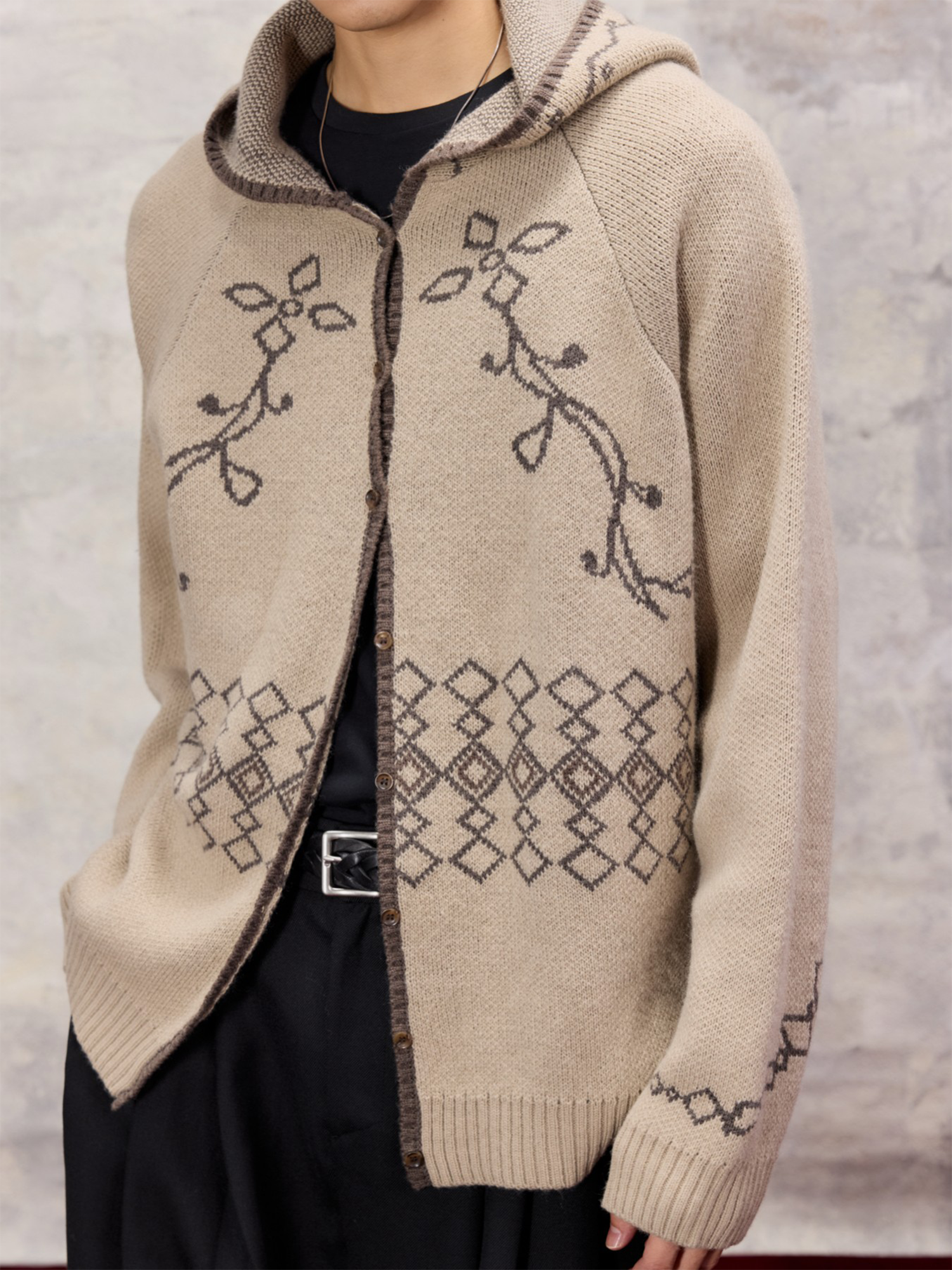 ALVNG AR ANTS Jacquard Floral Wool-Blend Hooded Cardigan-Jacket-S-Dark Blue (Preorder)-Free Shipping Leatheretro