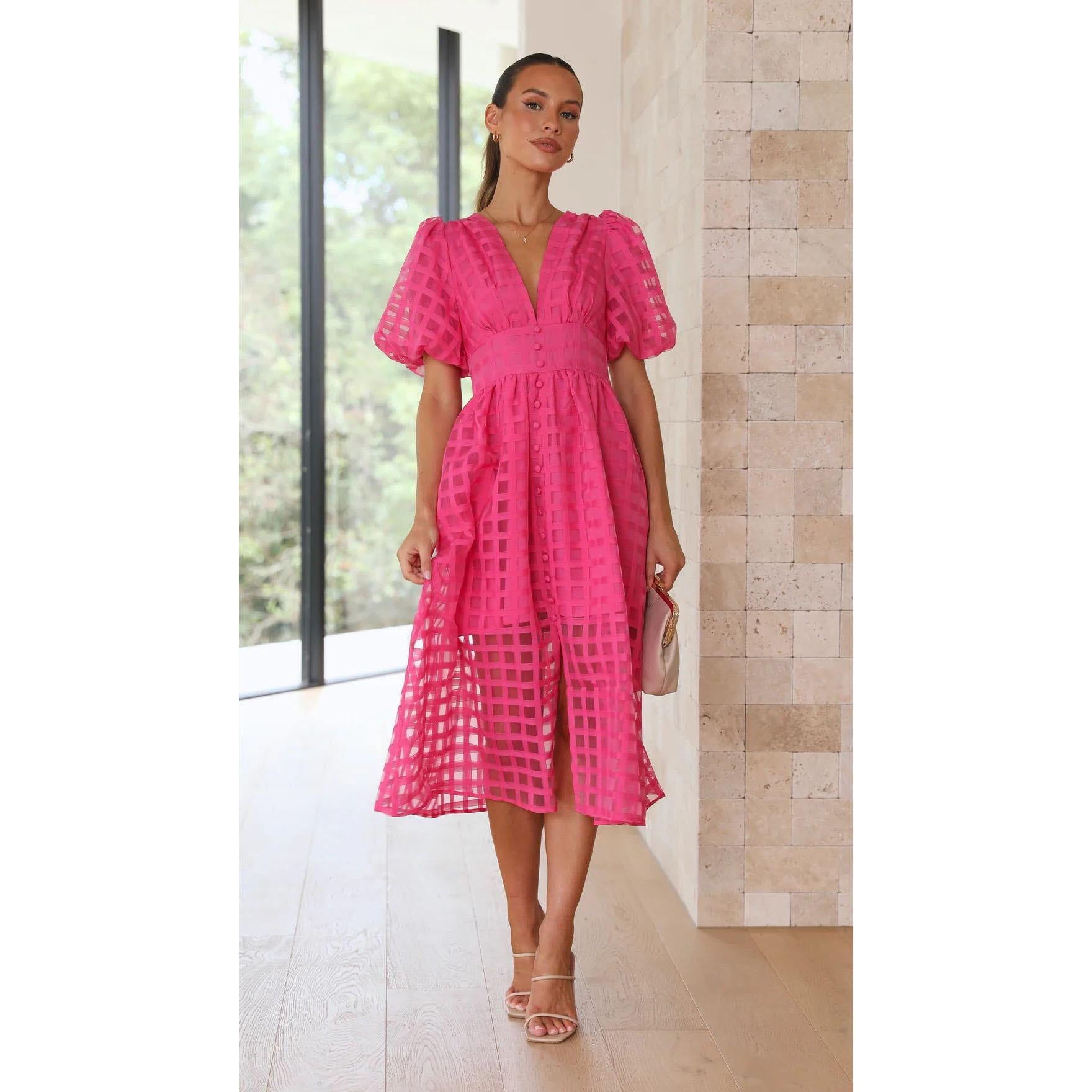 Classic Summer Hollow Design Lantern Sleeves Multi-color Women Dresses-Dresses-884 rose red-S-Free Shipping Leatheretro