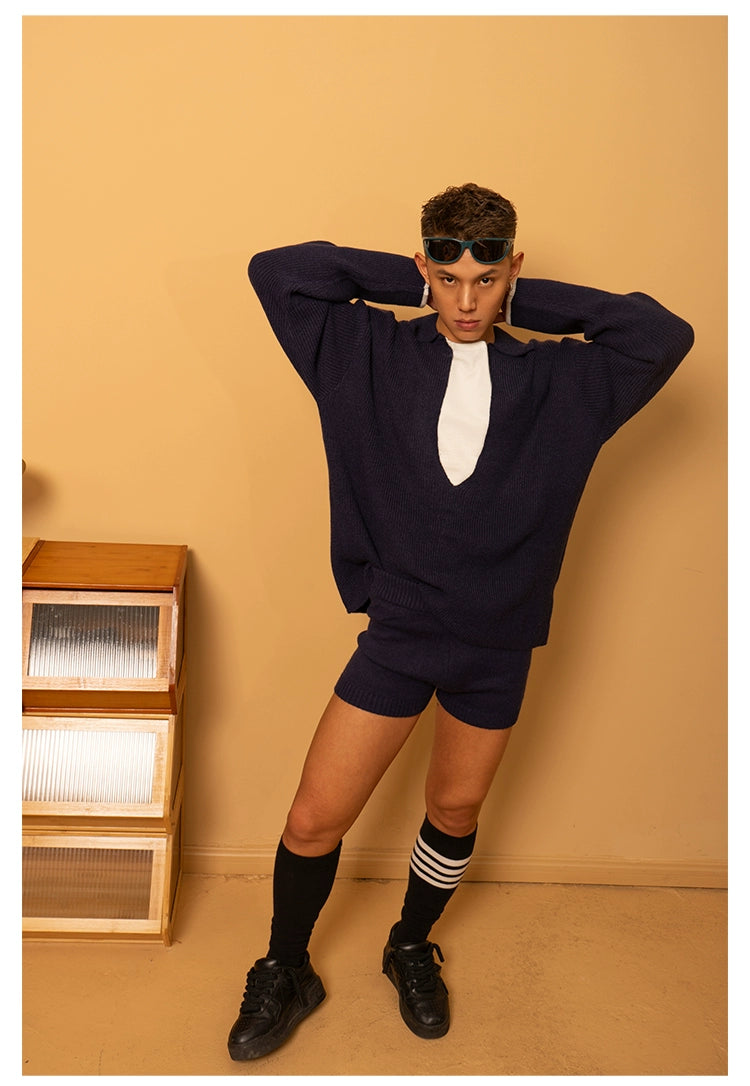 CLP Unisex Ash Black Navy Collar Knit Sweater-Gray-S-Free Shipping Leatheretro