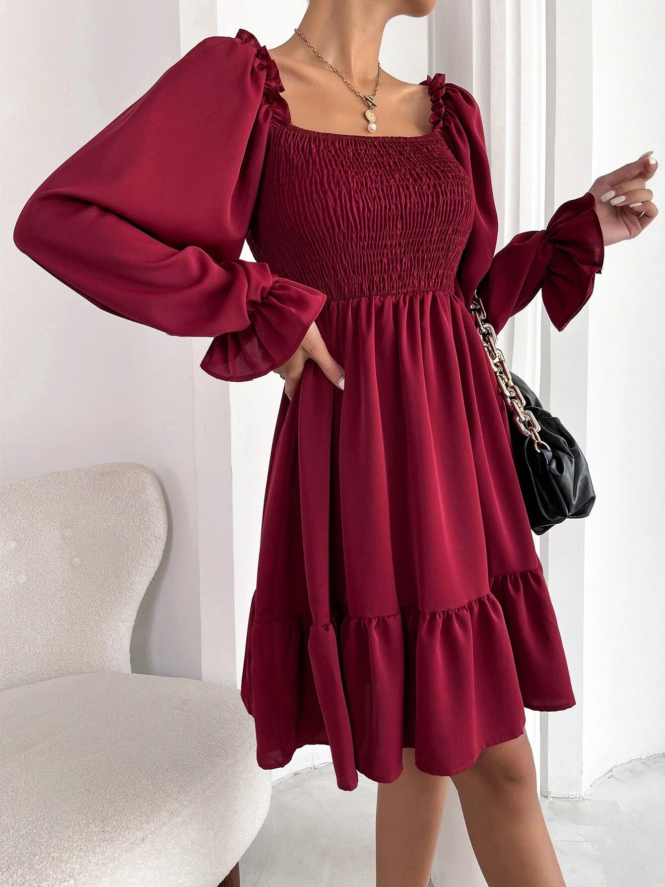 Elegant Square Neckline Long Sleeves Short Dresses-Dresses-Black-S-Free Shipping Leatheretro