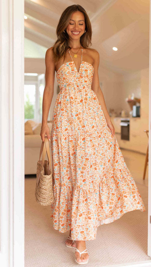 Sexy V Neck Strapless Summer Vacation Dresses-Dresses-Orange-S-Free Shipping Leatheretro