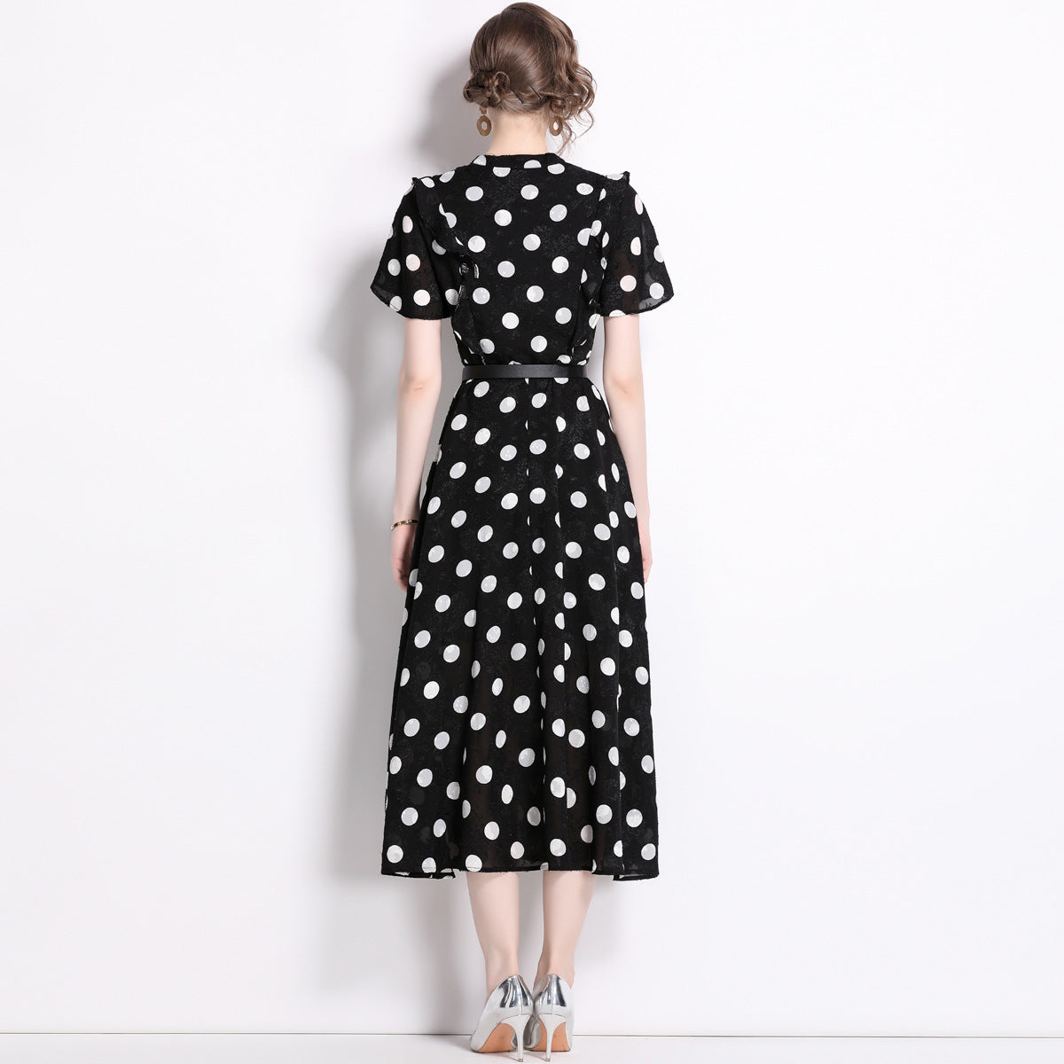 Elegant Polk Dot Short Sleeves Midi Length Dresses-Dresses-Black-2XL-Free Shipping Leatheretro