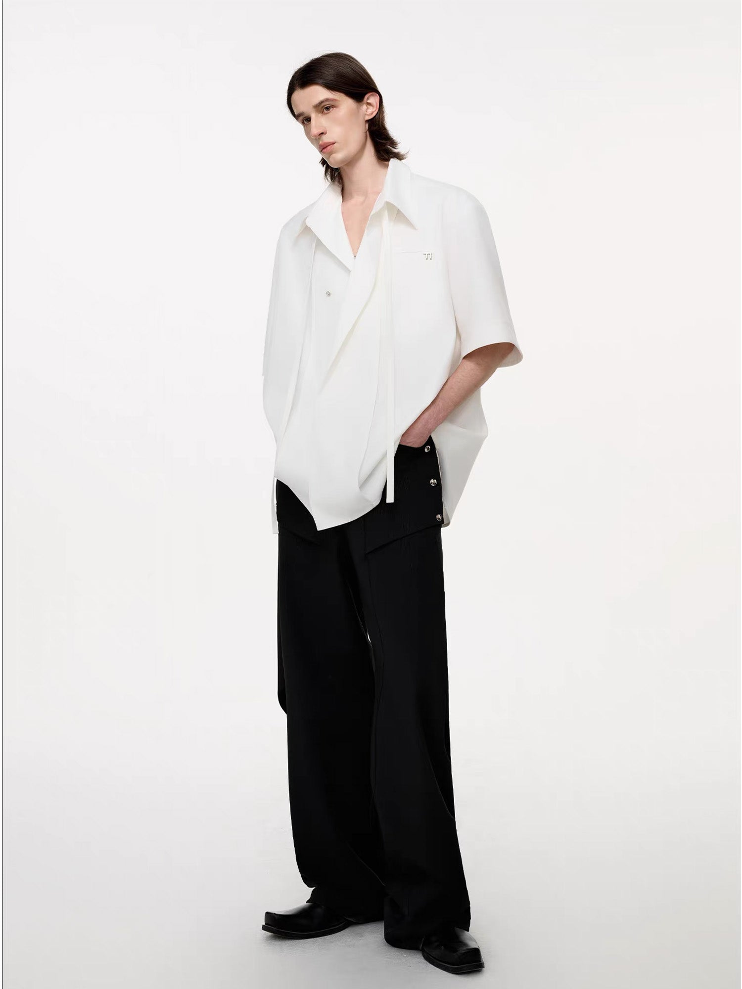TIWILLTANG Draped Camp-Collar T Shirt-Jacket-S-Black-Free Shipping Leatheretro