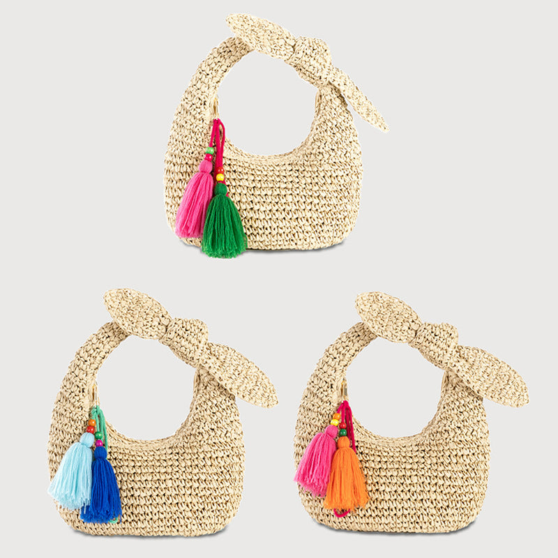 Summer Crescent Moon Handbag – Bow Detail Straw Woven Bag-Apricot - Green Tassel-25x5x15CM-Free Shipping Leatheretro