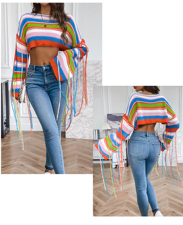 Sexy Rainbow Striped Tassels Short Knitted Blouses-Shirts & Tops-A-S-Free Shipping Leatheretro