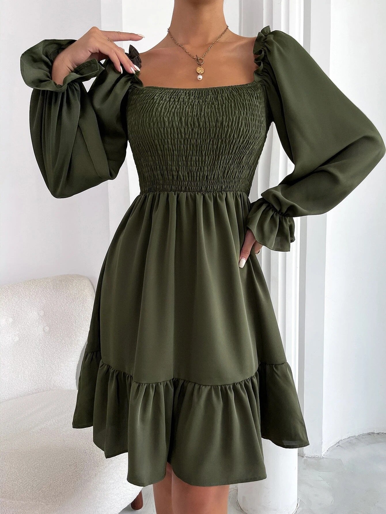 Elegant Square Neckline Long Sleeves Short Dresses-Dresses-Army Green-S-Free Shipping Leatheretro