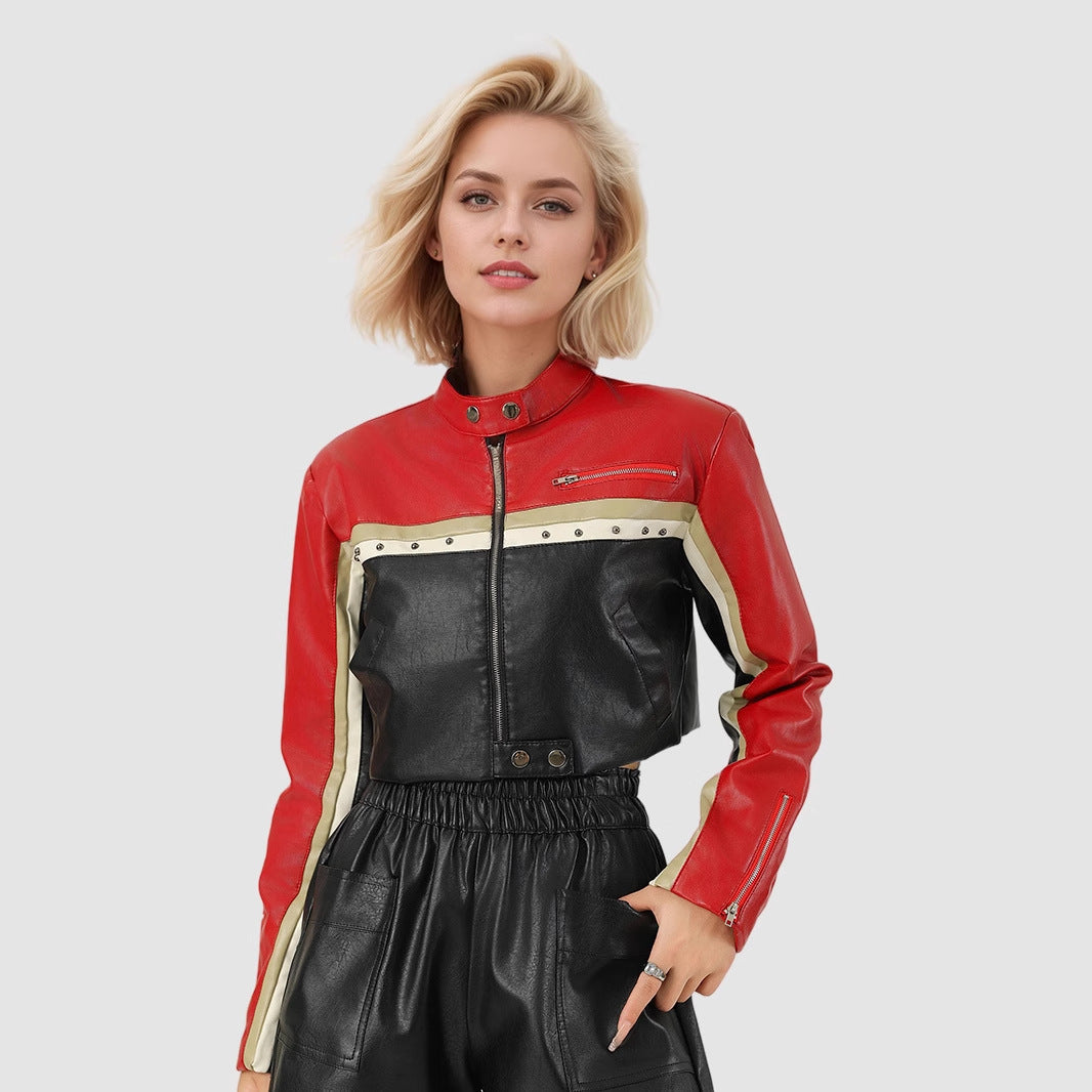 Edgy Cropped PU Leather Biker Jacket – Bold Color-Block Design-Coats & Jackets-Brick Red-S 50-55kg-Free Shipping Leatheretro