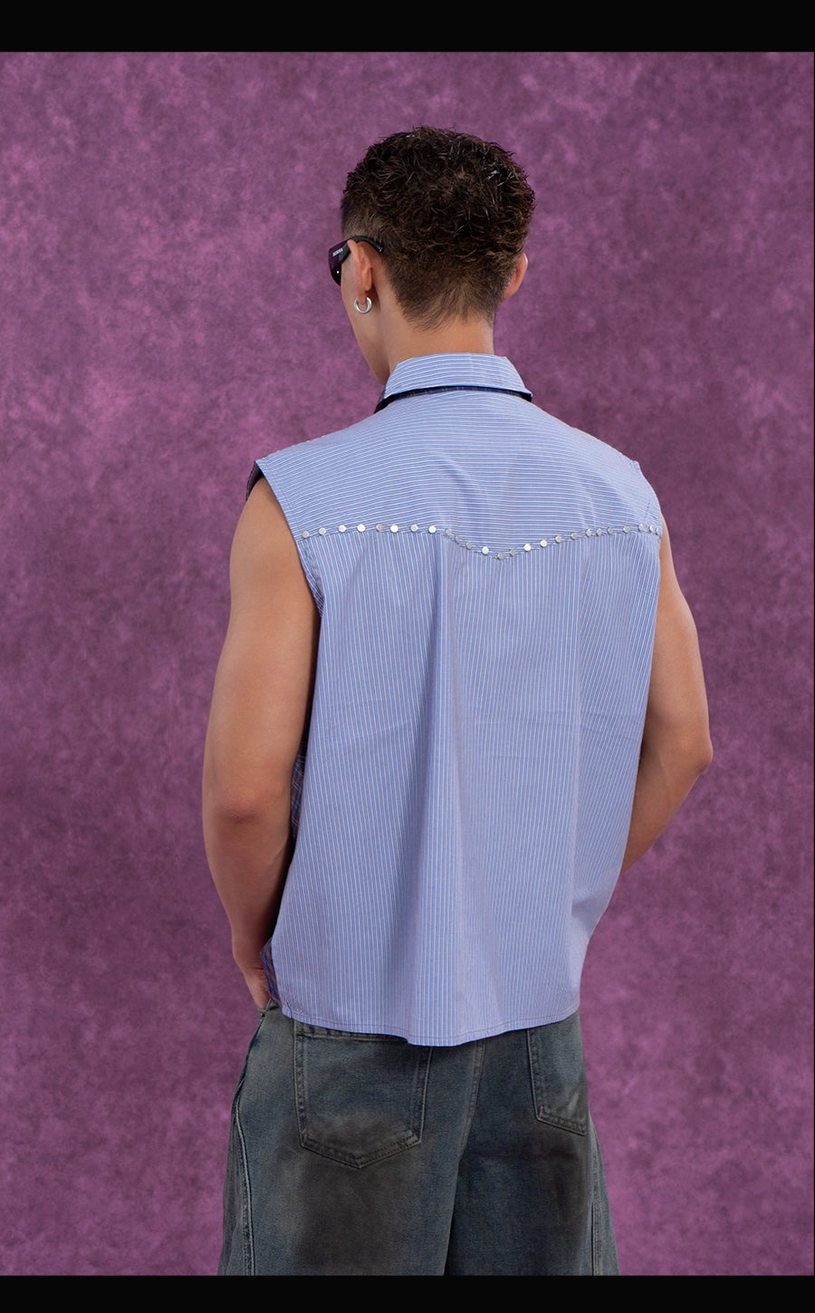 CLP Men's Blue Checkered & Striped Sleeveless Shirt Vest with Rivet Details-Blue-S-Free Shipping Leatheretro