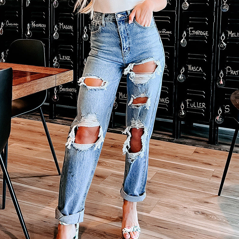 Casual High Waist Broken Holes Jeans for Women-Pants-Light Blue-S-Free Shipping Leatheretro