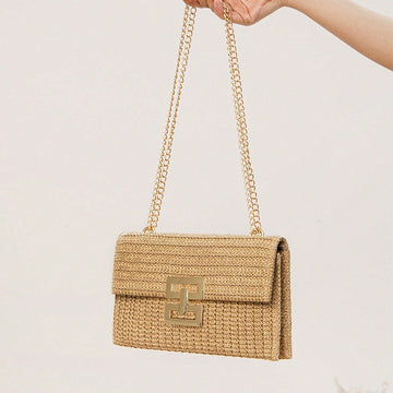 Rattan Straw Woven Flap Shoulder Bag-杏色-29x18x3CM-Free Shipping Leatheretro