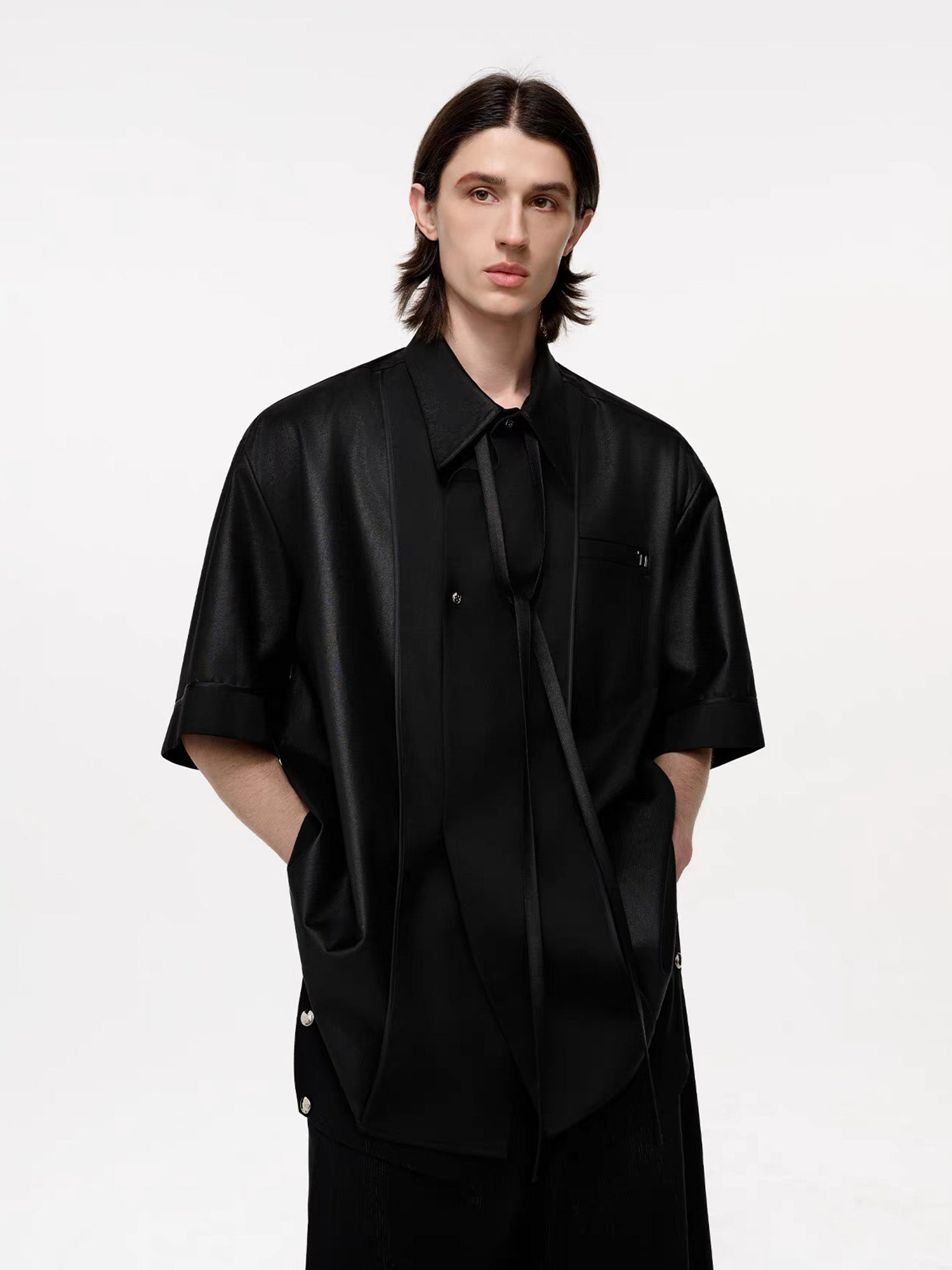 TIWILLTANG Draped Camp-Collar T Shirt-Jacket-S-Black-Free Shipping Leatheretro