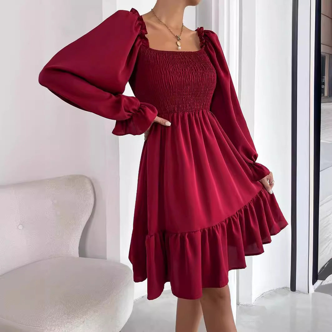 Elegant Square Neckline Long Sleeves Short Dresses-Dresses-Black-S-Free Shipping Leatheretro