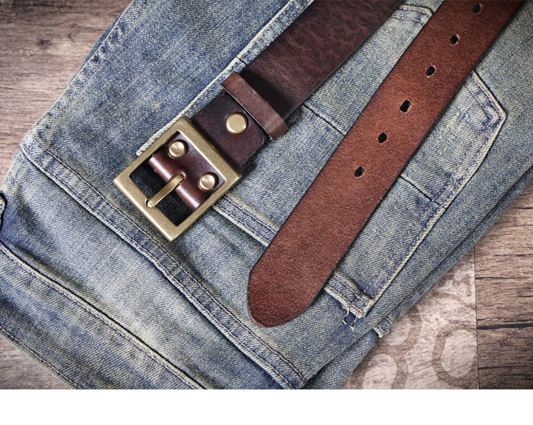 Vintage Men's Genuine Leather Belt Handmade Needle Buckle with Pure Copper Buckle Belt-Leather Belt-Dark Coffee-105cm-Free Shipping Leatheretro