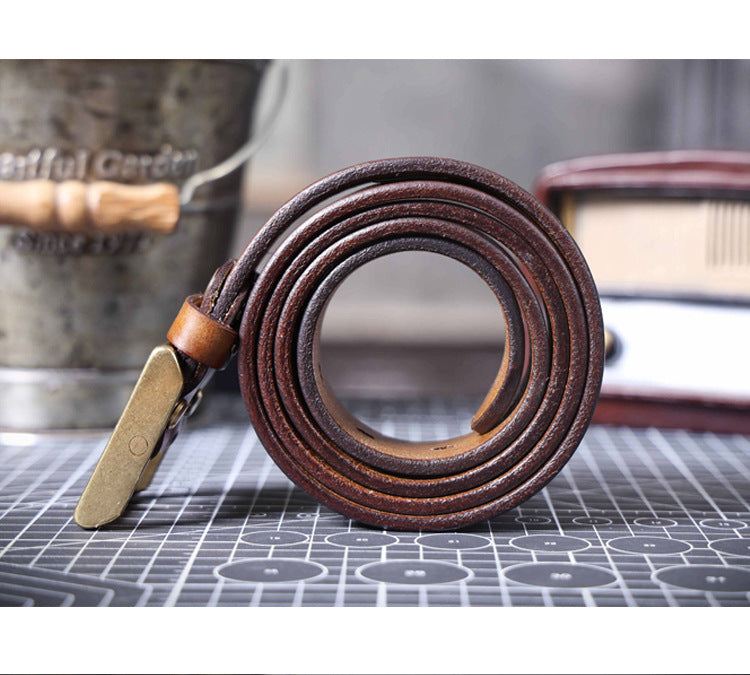 Vintage Men's Genuine Leather Belt Handmade Needle Buckle with Pure Copper Buckle Belt-Leather Belt-Dark Coffee-105cm-Free Shipping Leatheretro