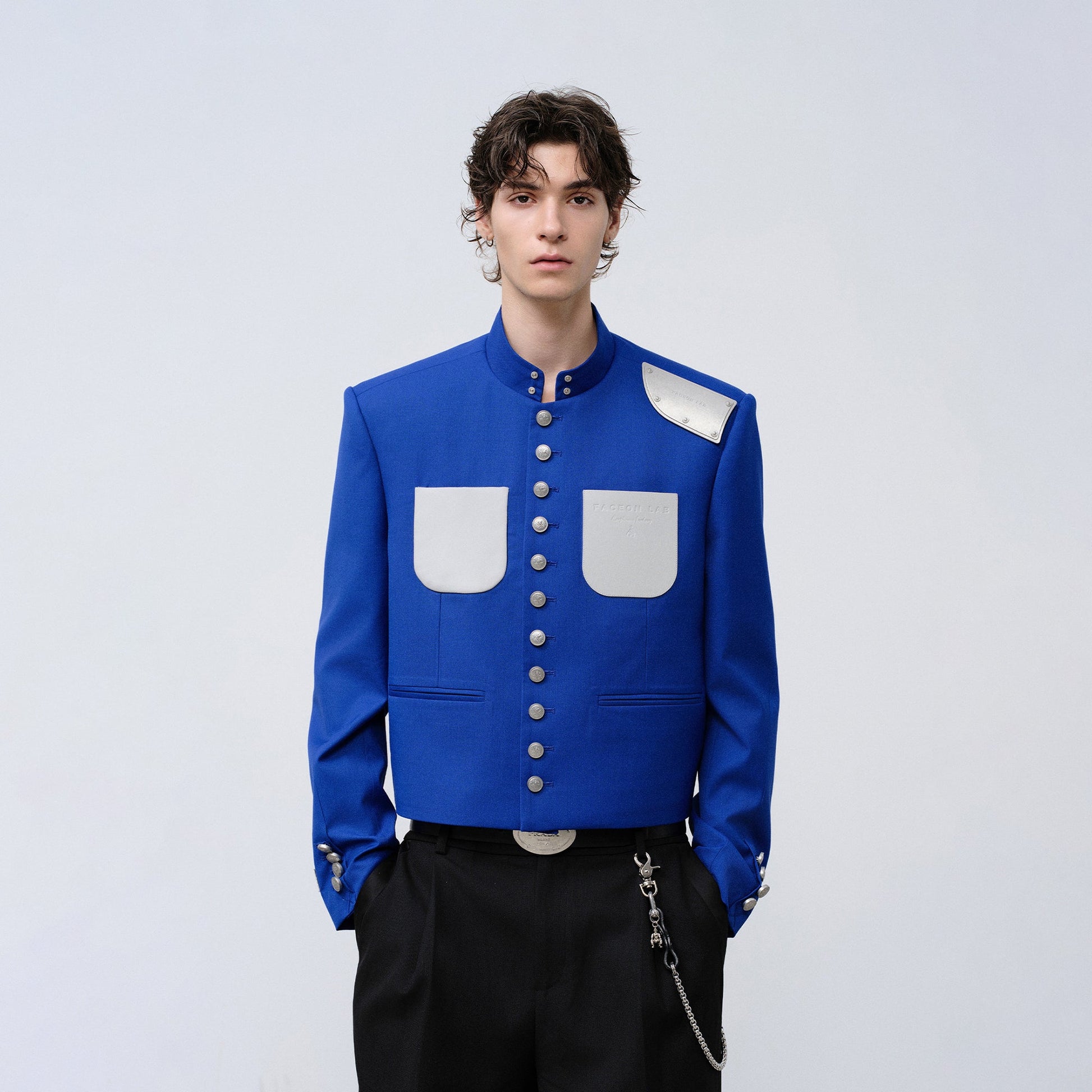 FACEONLAB Stand-Collar Metal-Shoulder Blazer Blue-Jacket-M (Preorder)-Free Shipping Leatheretro