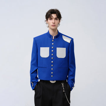 FACEONLAB Stand-Collar Metal-Shoulder Blazer Blue-Jacket-M (Preorder)-Free Shipping Leatheretro