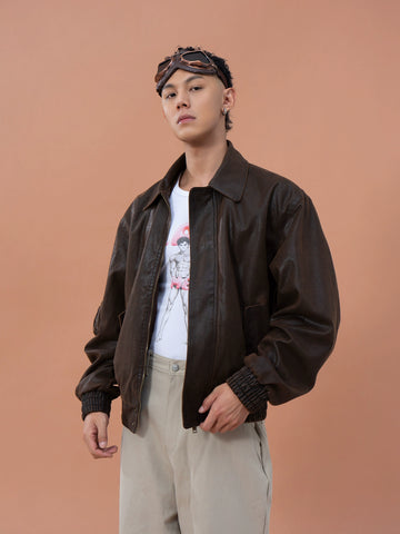 CLP Men's Brown Lapel Vintage Faux Leather Jacket-Coffee-M-Free Shipping Leatheretro